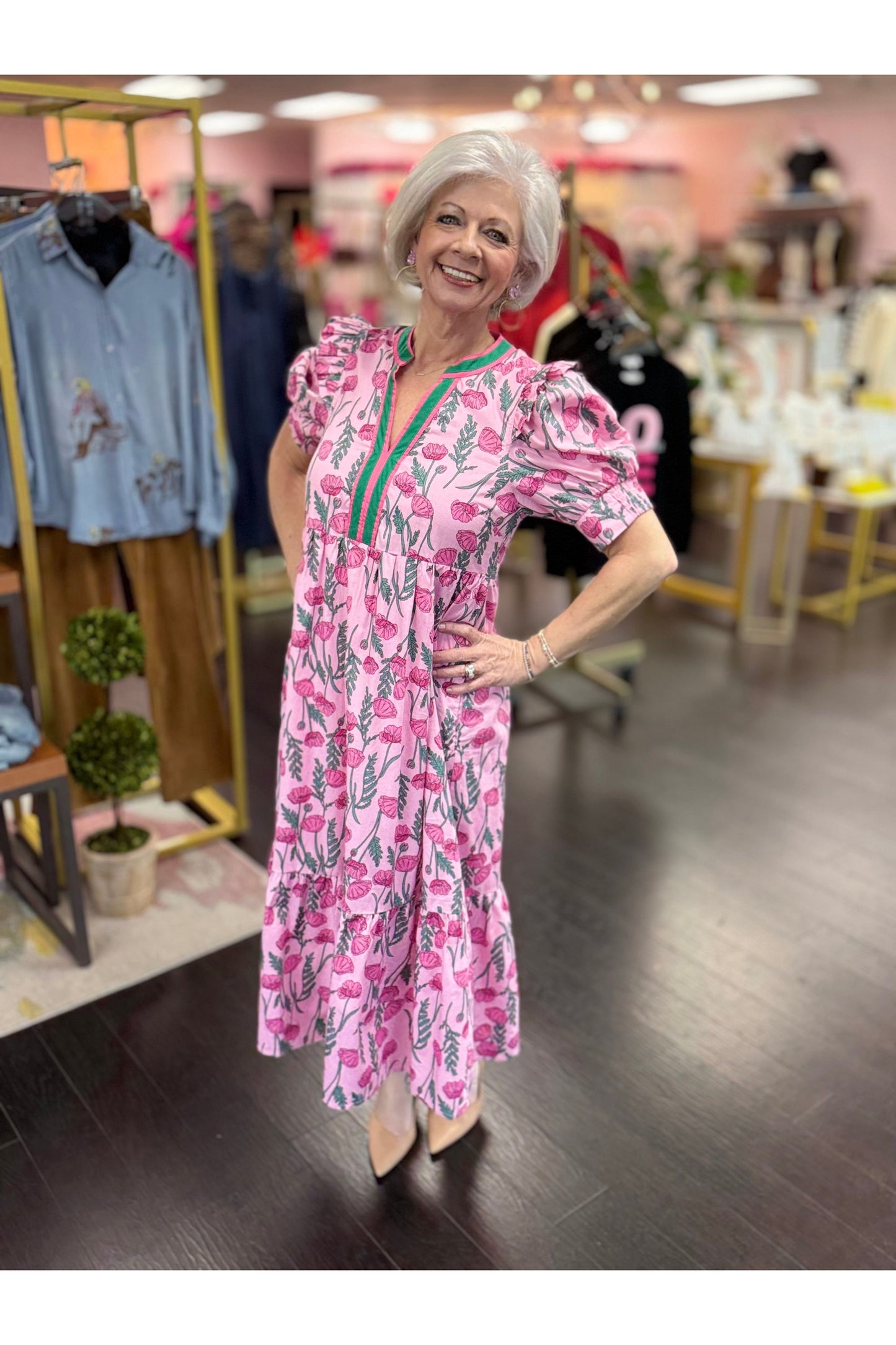 Pink Floral Print Tiered Midi Dress