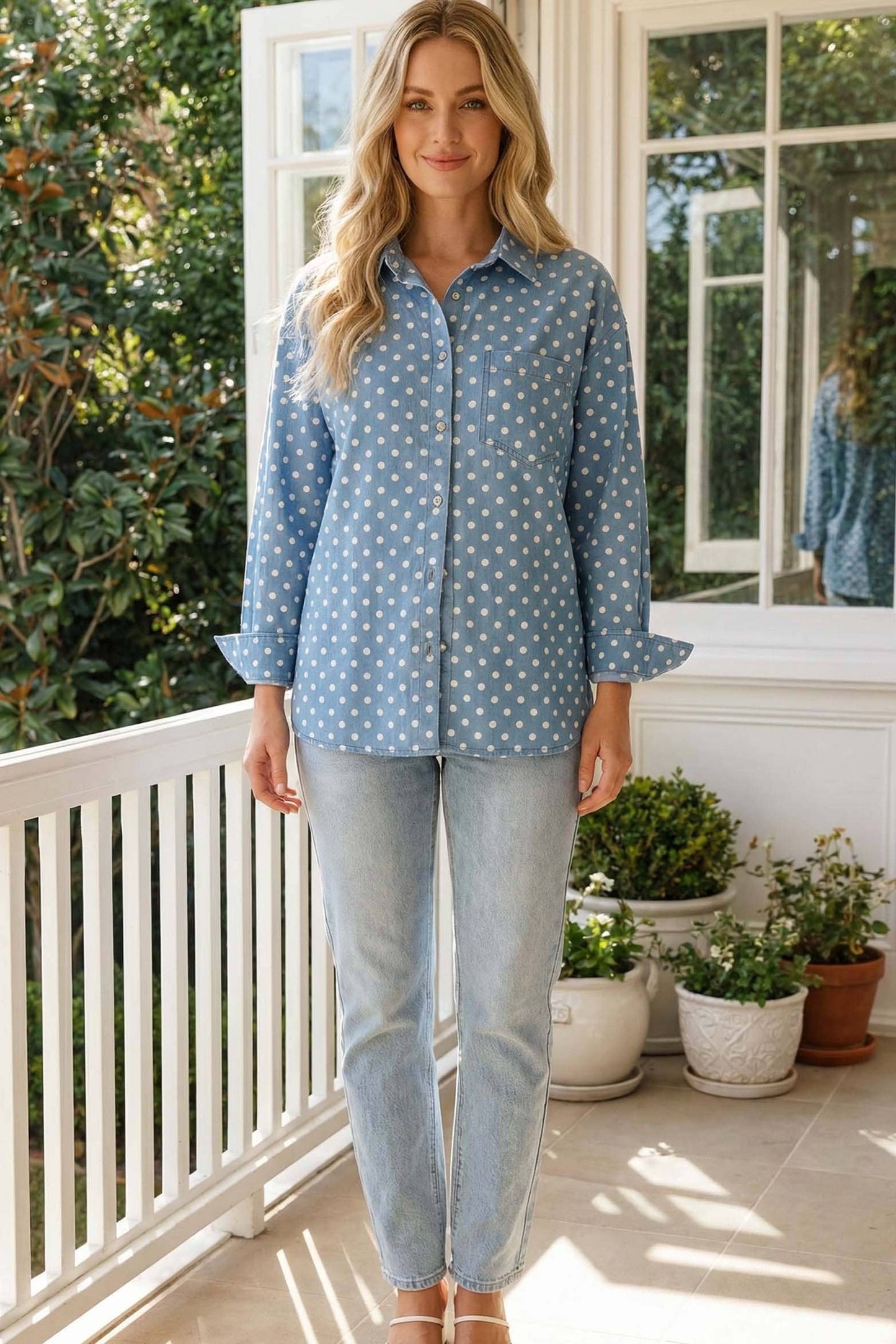 Polka Dot Collared Open Front Pocket Denim Shirt