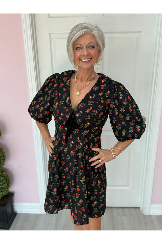 Floral Collar Dress W/Velvet Tie