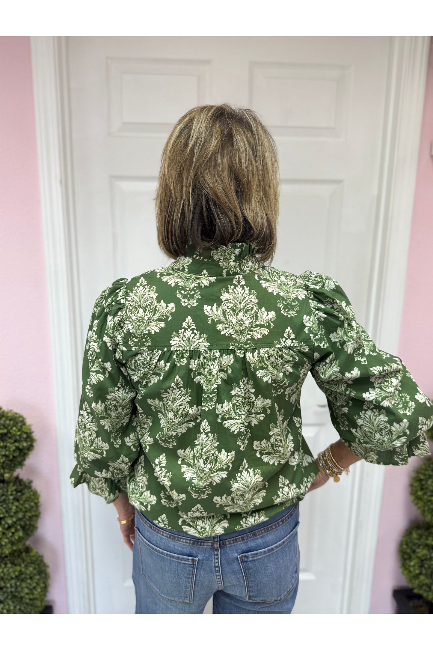 Green Baroque Ruffle Blouse