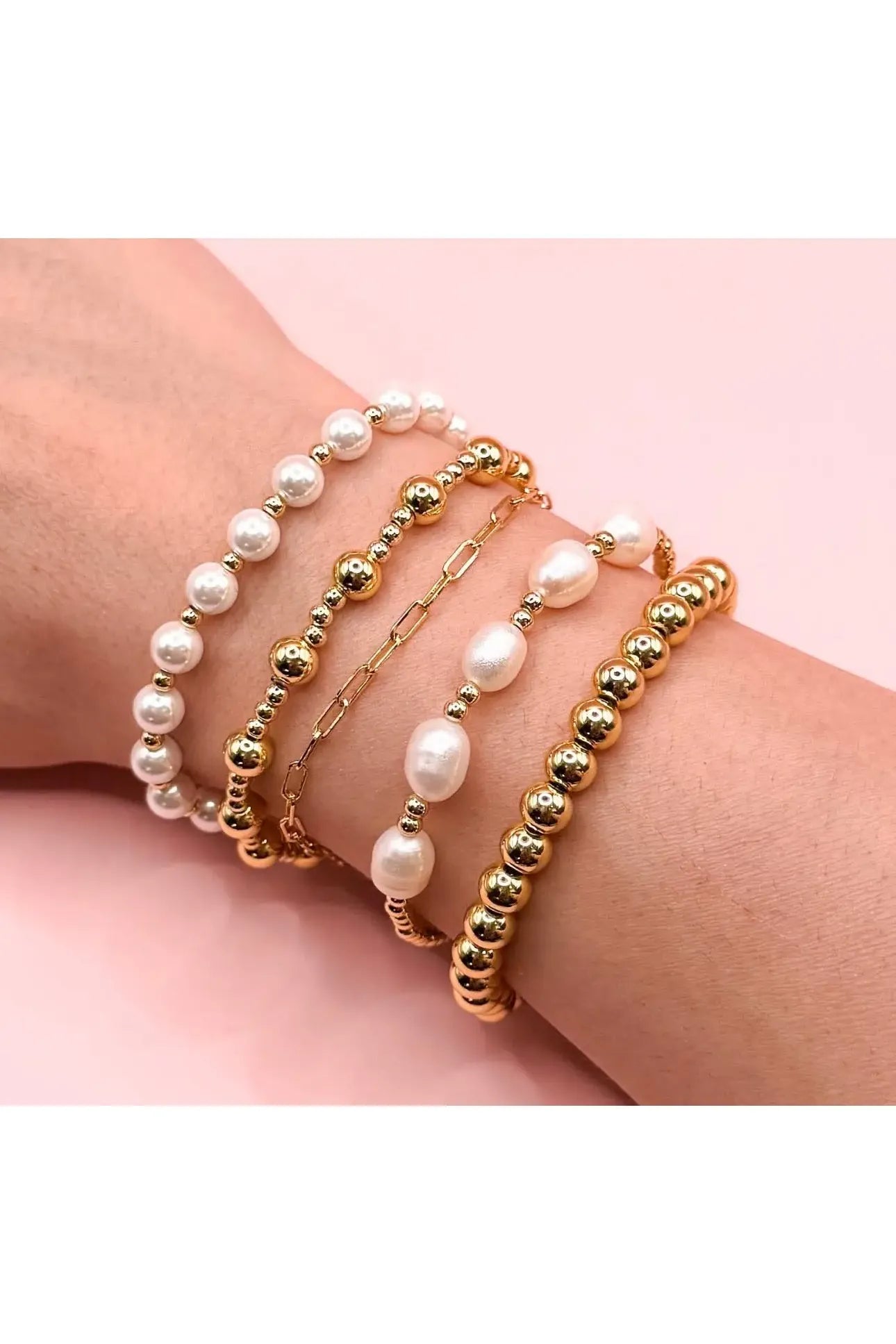 14K Gold Pearl Bracelet Stack