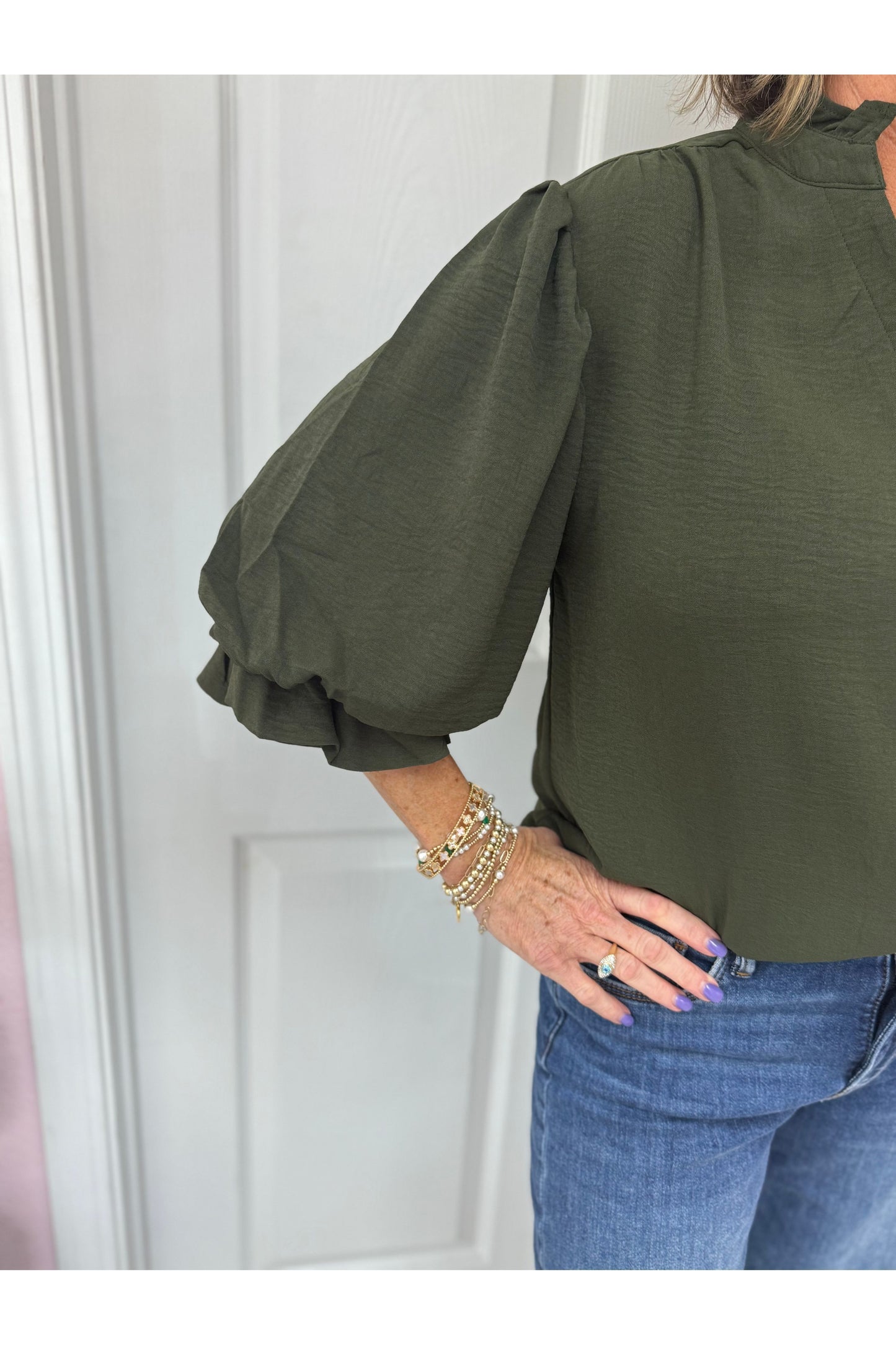 3/4 Sleeve Gathered Balloon Sleeve Blouse