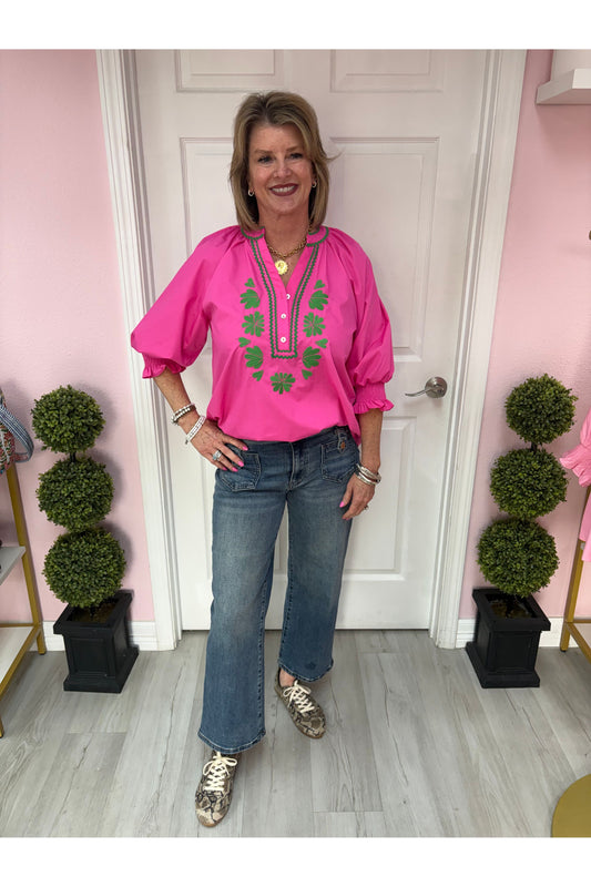 Liz 3/4 Sleeve Embroidered Floral Blouse