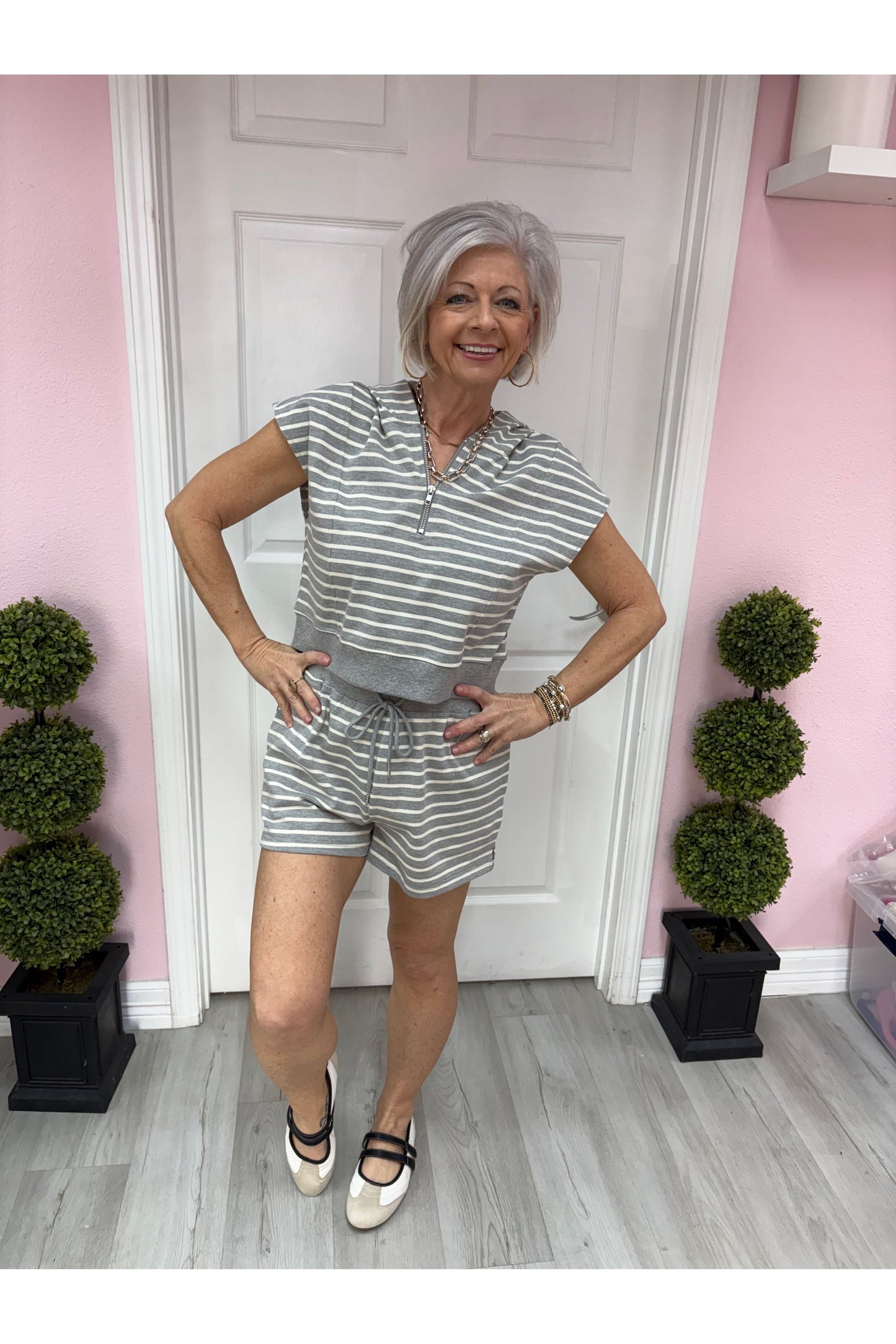 Striped Terry Half Zip Set