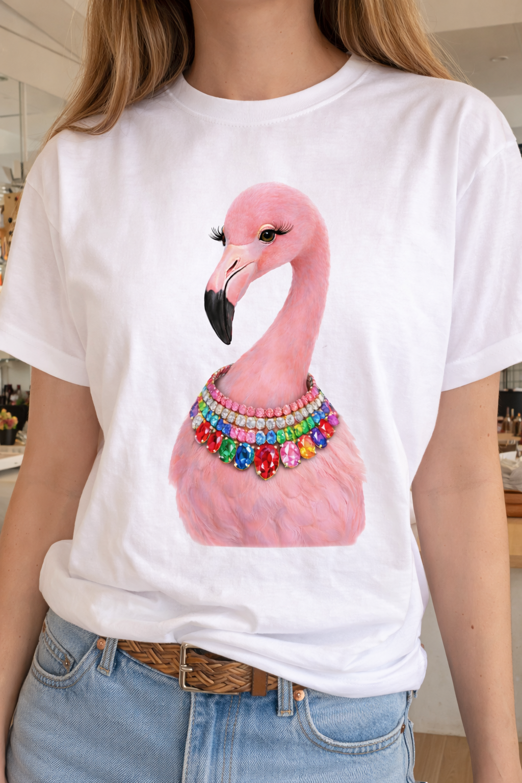 Jeweled Collar Flamingo on White Crew- preorder