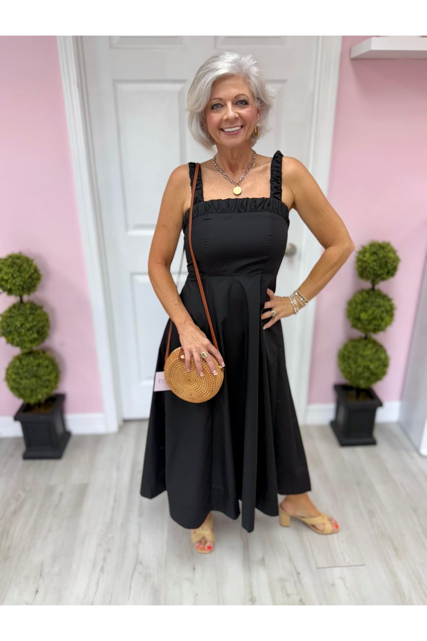 Black Ruched Neck Midi Dress