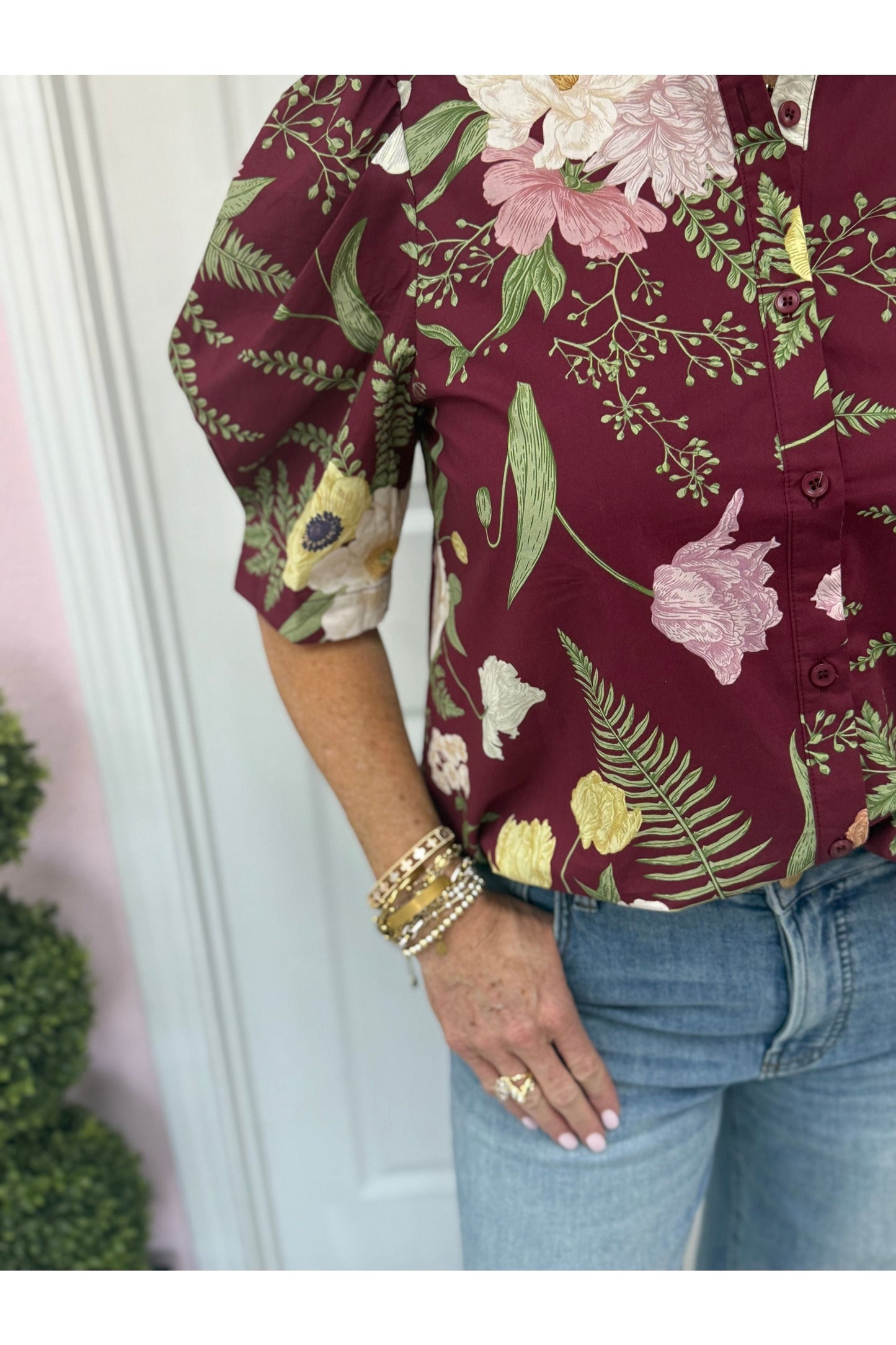 Burgundy Floral Puff Sleeve