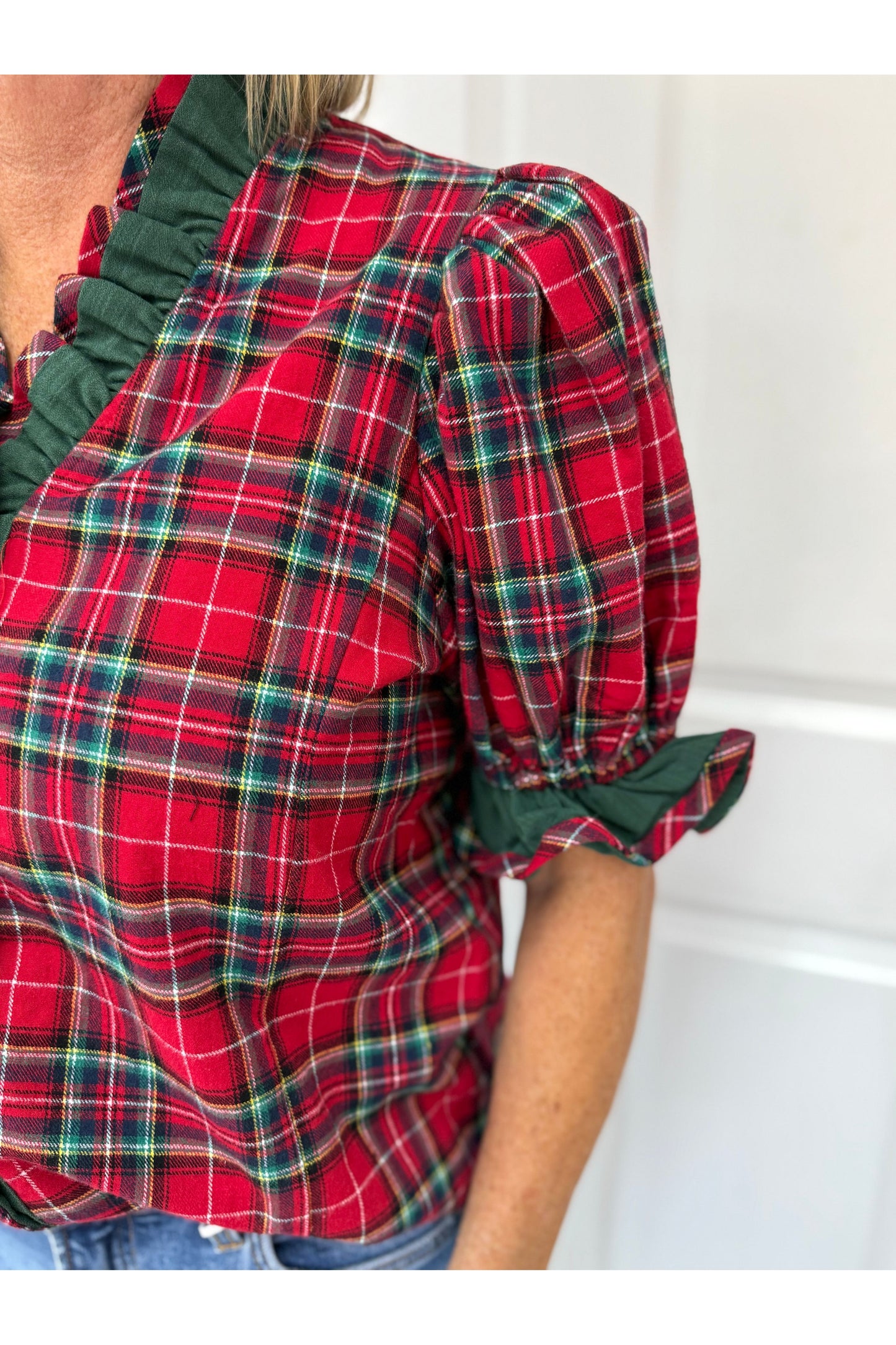 Perfect Plaid Trimmed Blouse