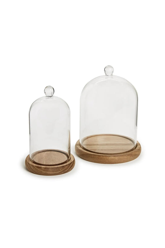 Cloche W/Ball Handle and Wooden Base Set of 2