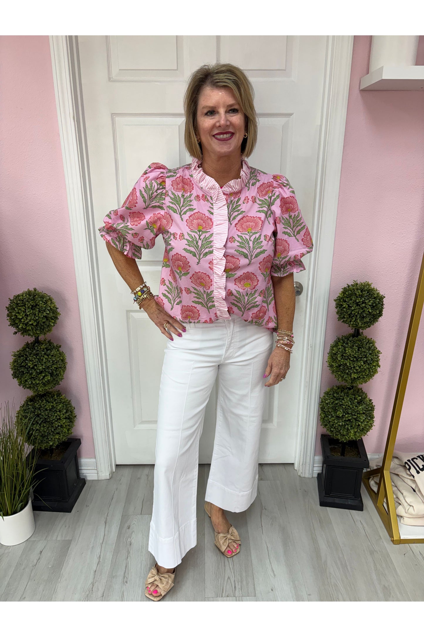 Brielle Floral Puff Sleeve Top with Striped Accents