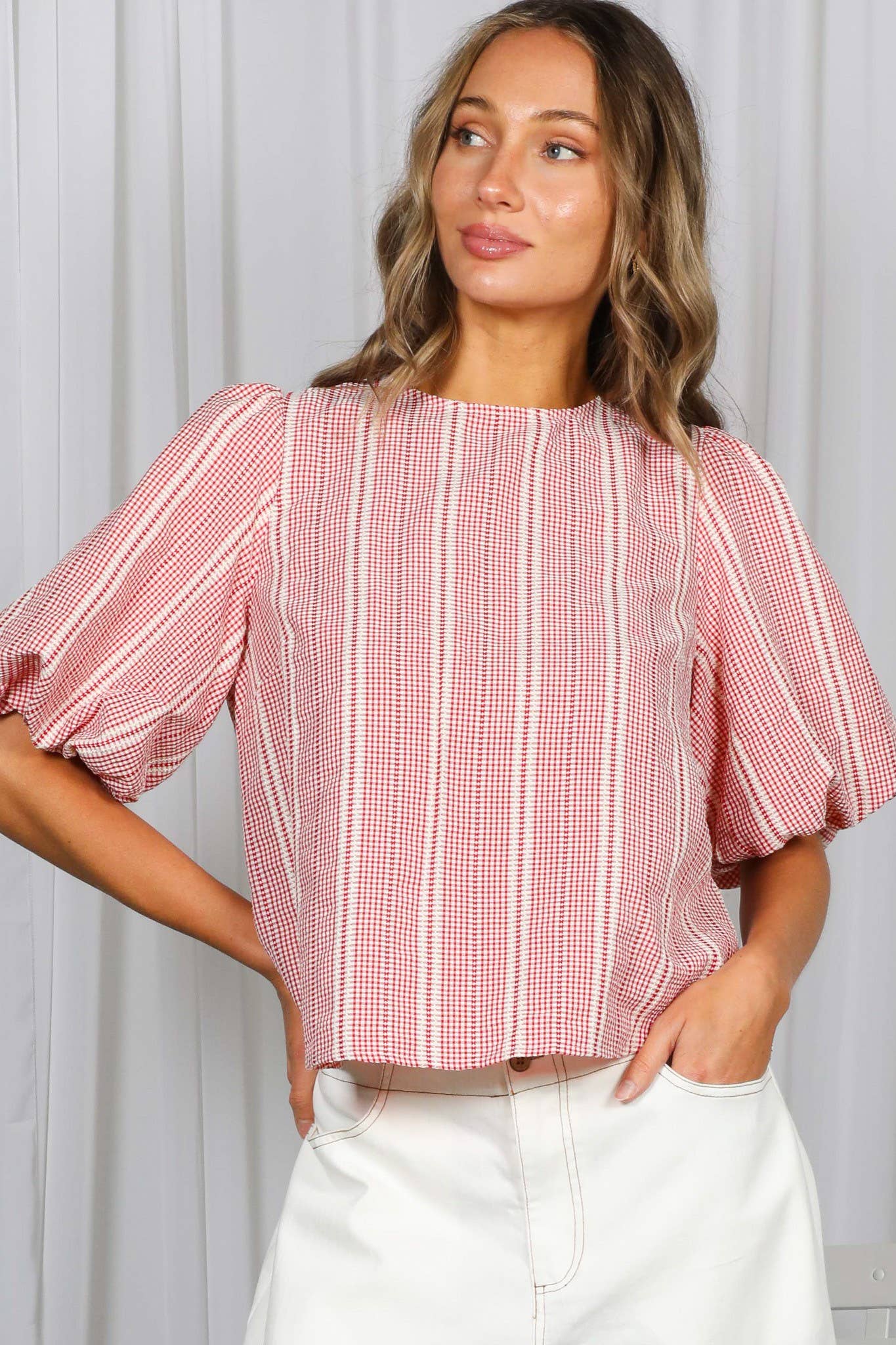 Bow Accent Feminine Plaid Blouse