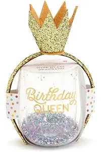 Birthday Queen Double Wall Glitter Stemless Wine Glass and Glitter Crown Headband