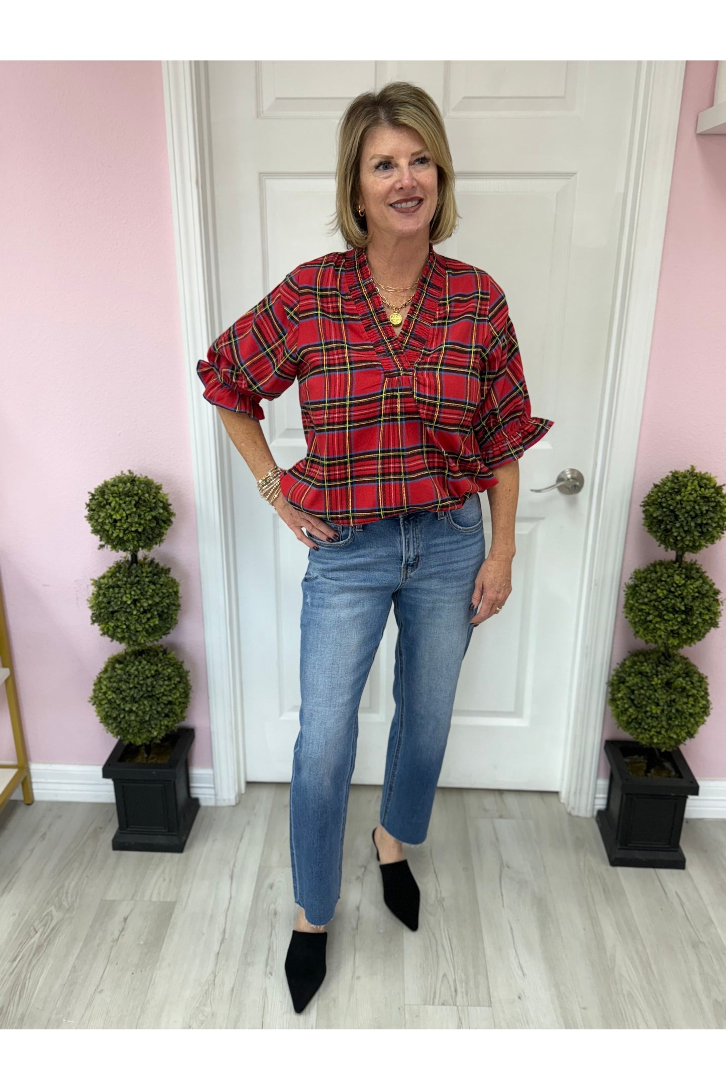 Red Plaid 3/4 Sleeve Blouse