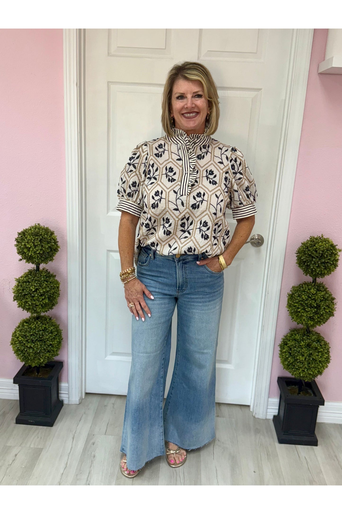 Traci Patterned Contrast Blouse- Pre Order