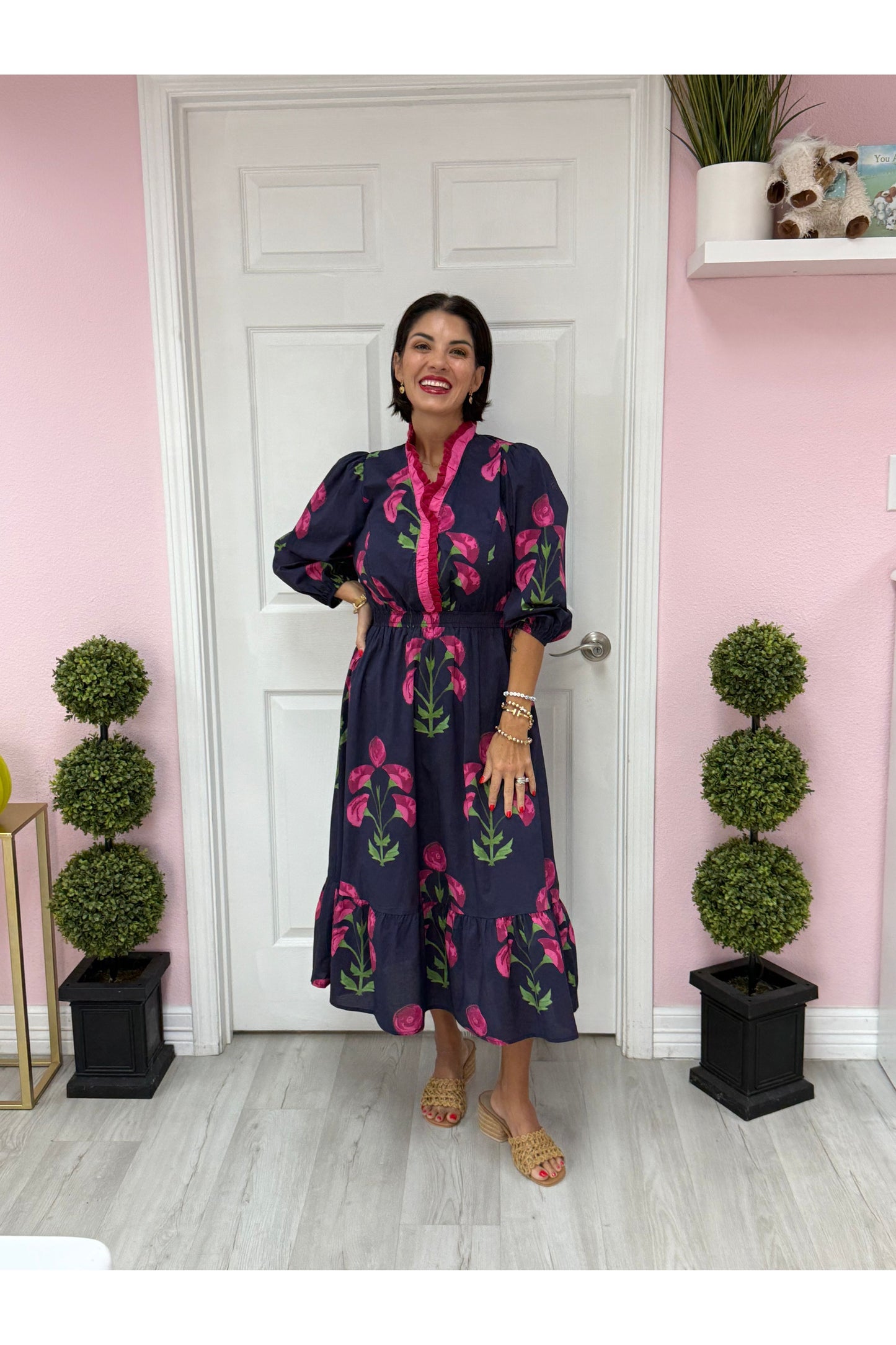 Navy Dress w/ Pink Floral Pattern