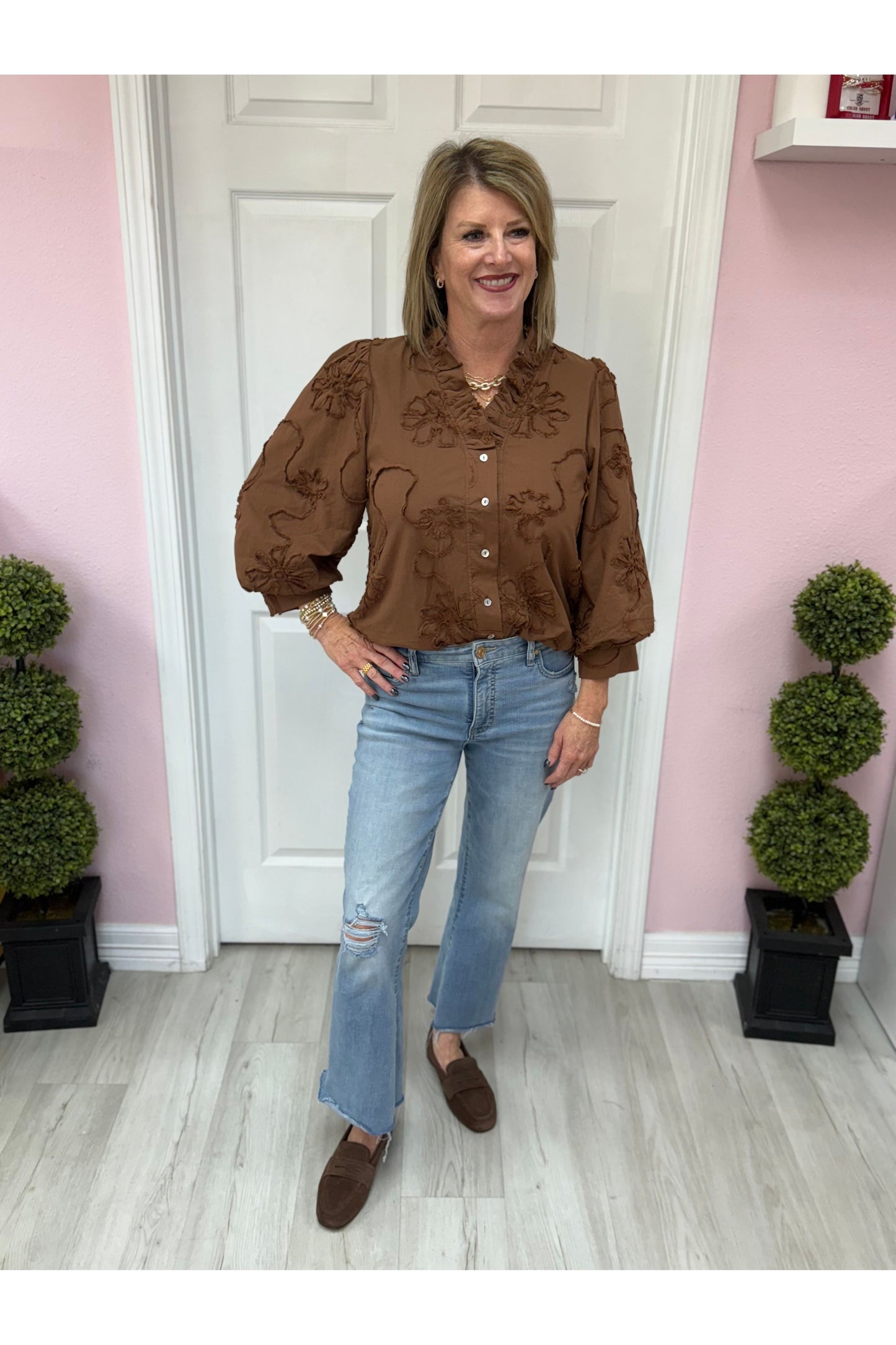 3/4 Sleeve 3D Floral Top