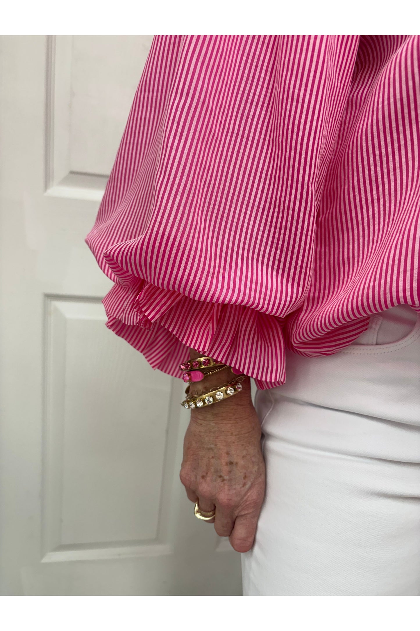 Pinstripe Bubble Sleeve Blouse