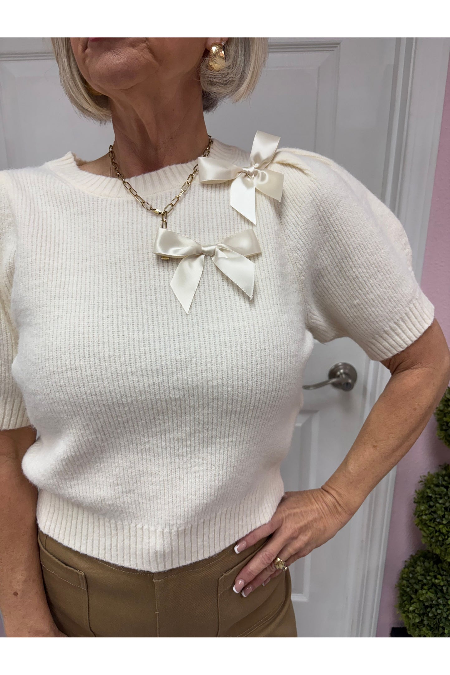 SS Knit Top W/Satin Bow Trim