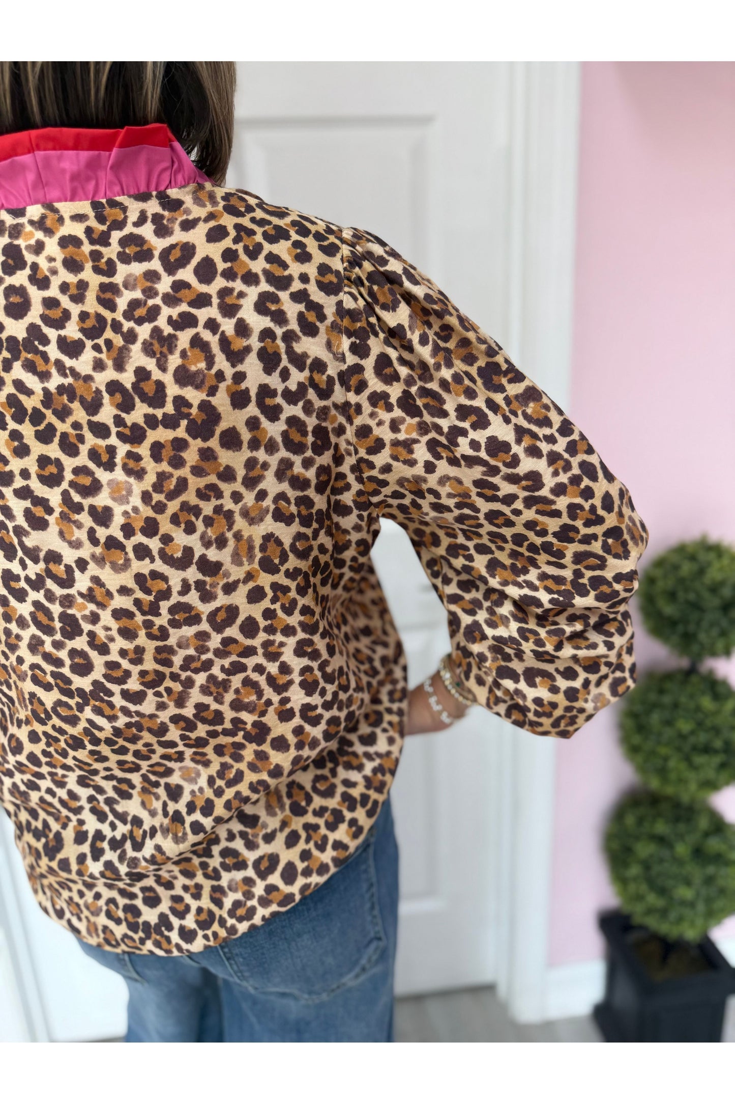 Leopard LS Blouse w/Wavy Trim-