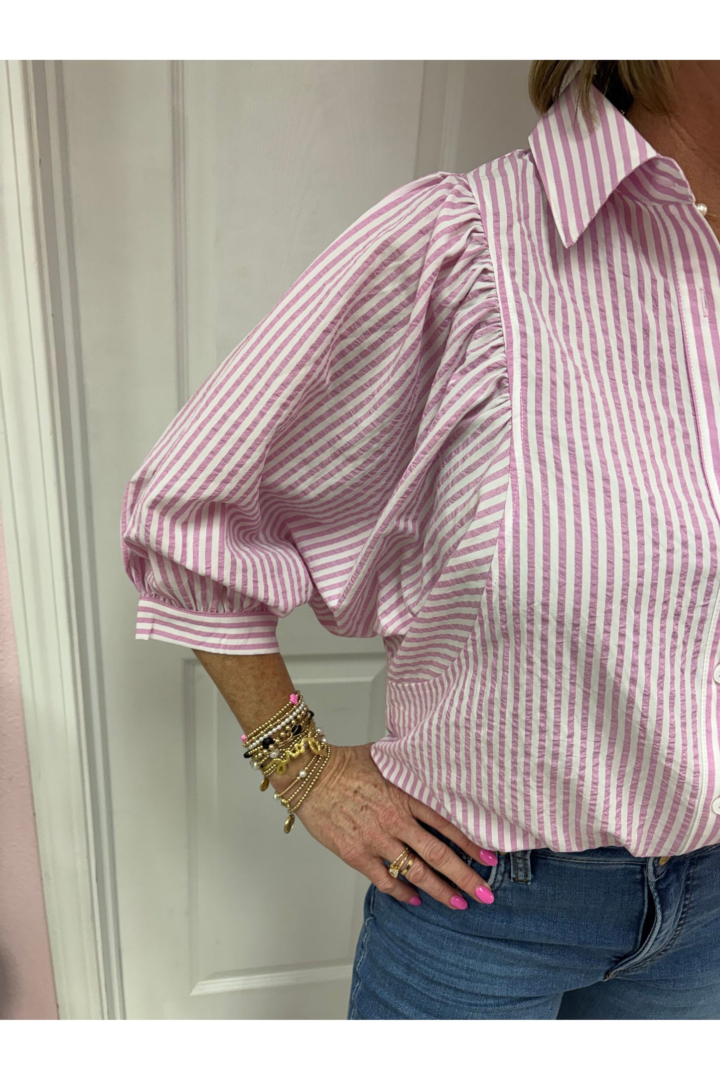 Pink Striped Puff Sleeve