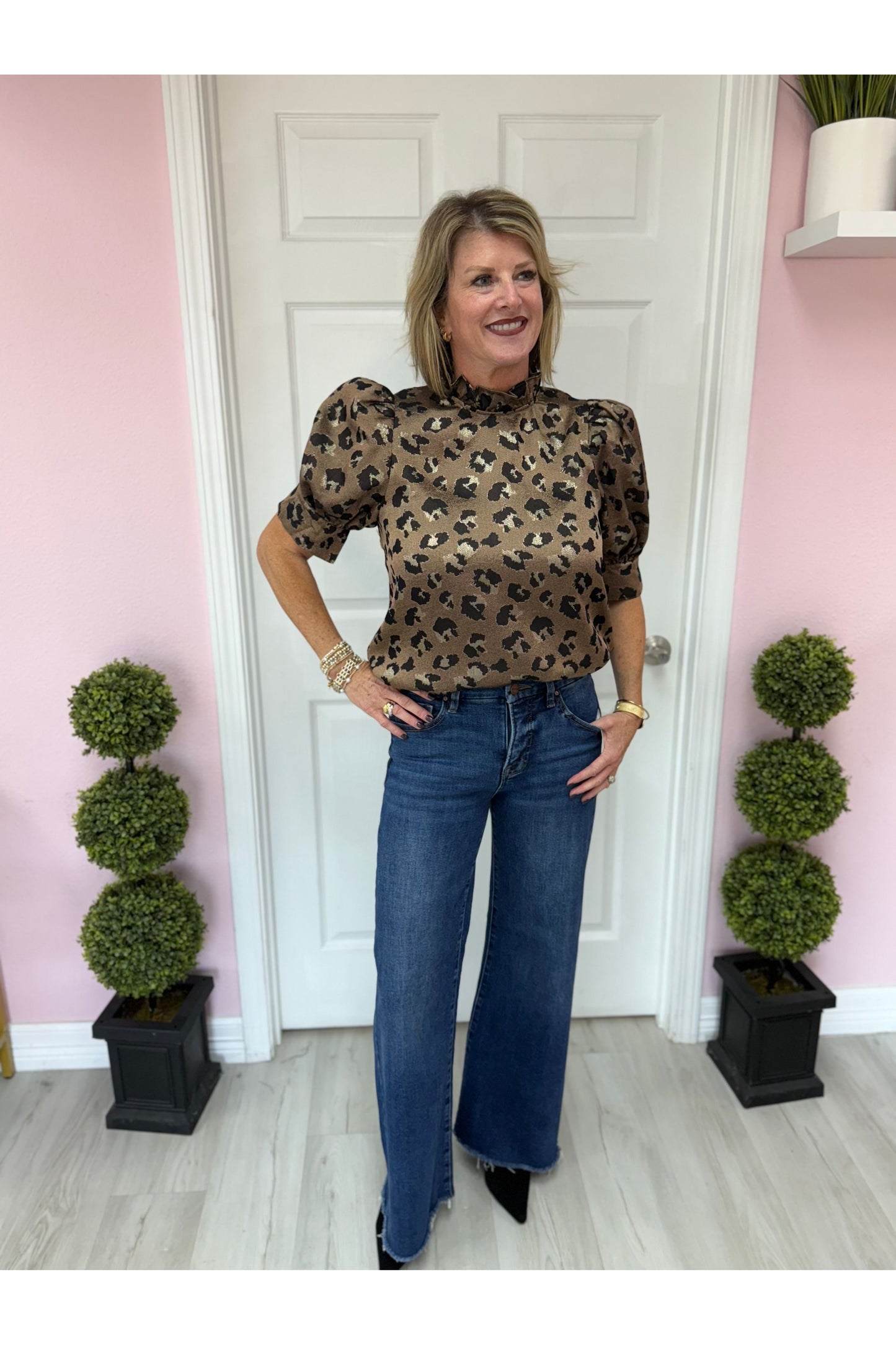 Bronze Animal Print Ruffle Neck Blouse