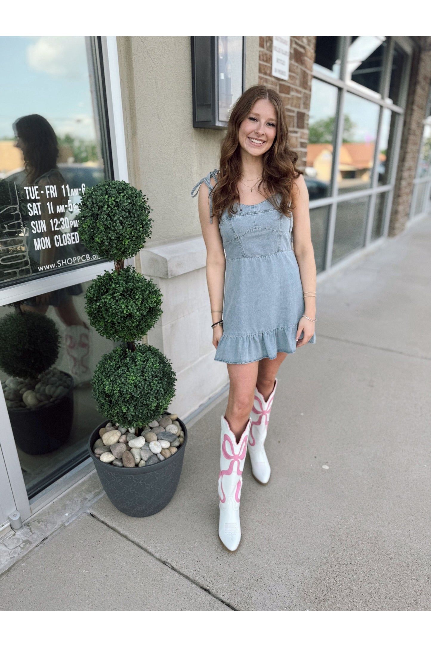 Light Denim Mini w/Tie Sleeves and Ruffle Hem