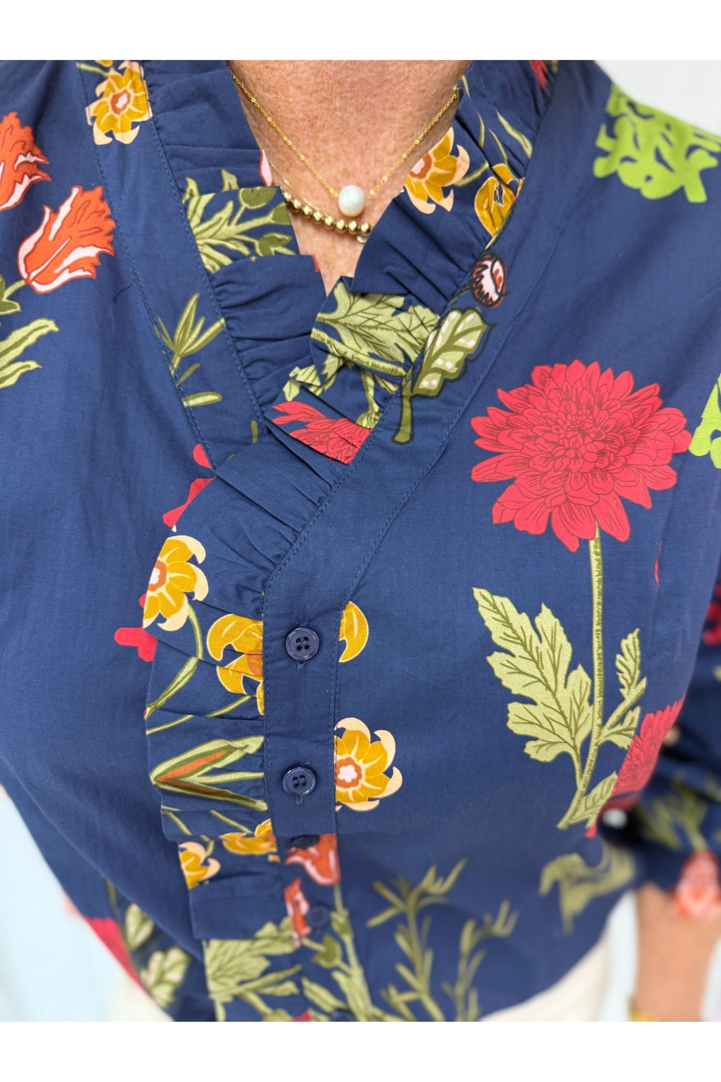 Midnight Ruffle Trim Floral Blouse