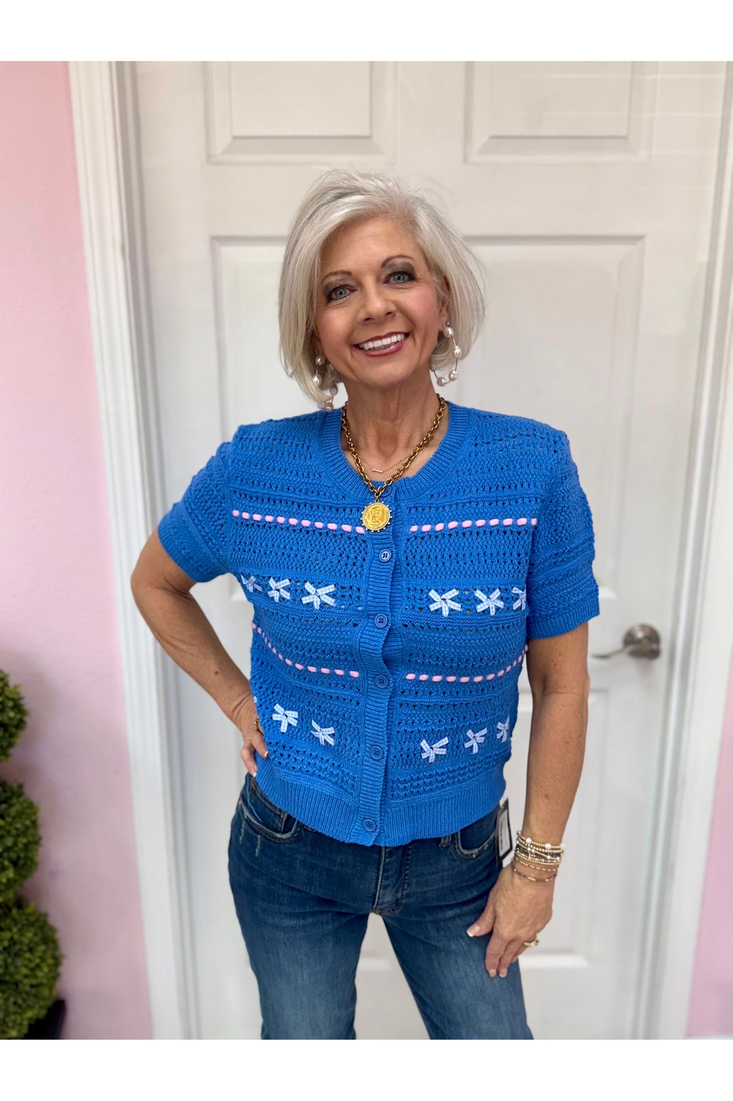 Playful Bow Accent SS Knit Top