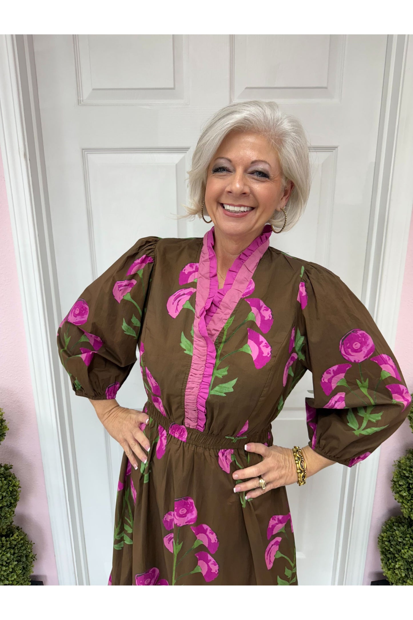 Floral Midi Dress with Ruffle Trim