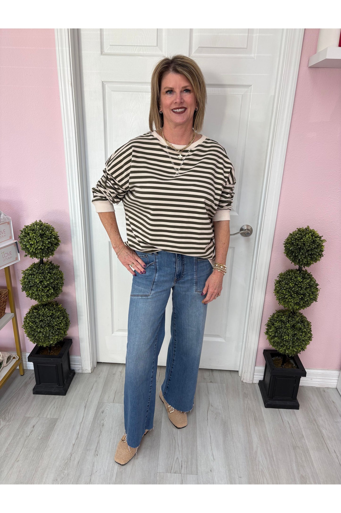 Oversized Stripe LS Knit Top W/Contrasting Rib