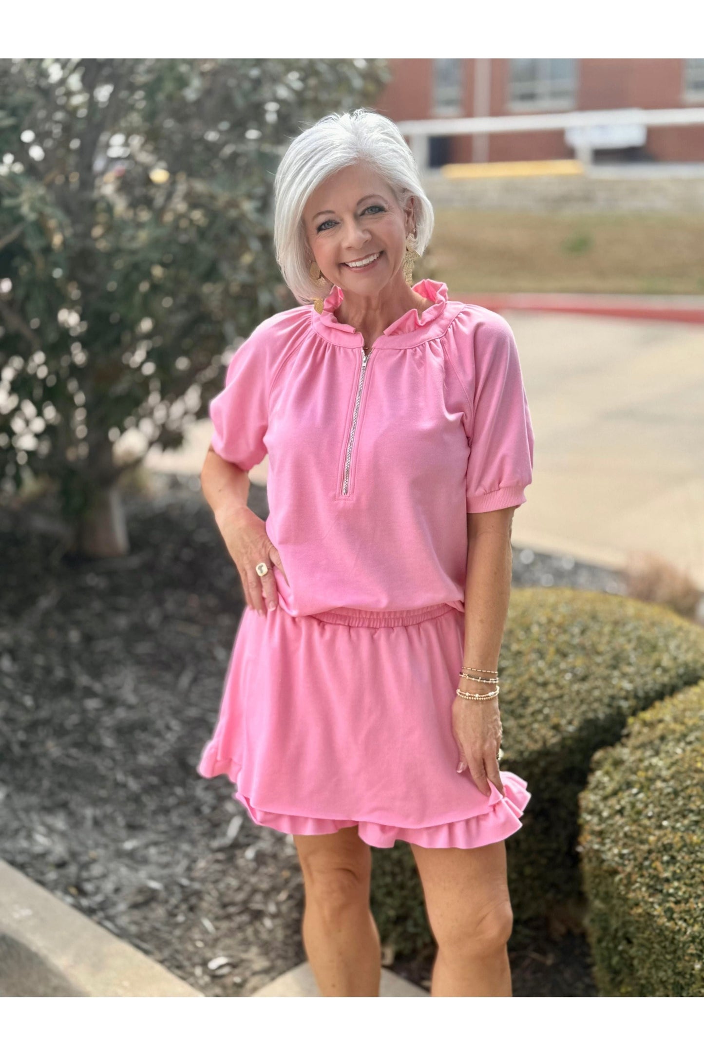 Pink Half Zip Puff Sleeve Top and Ruffled Shorts Set