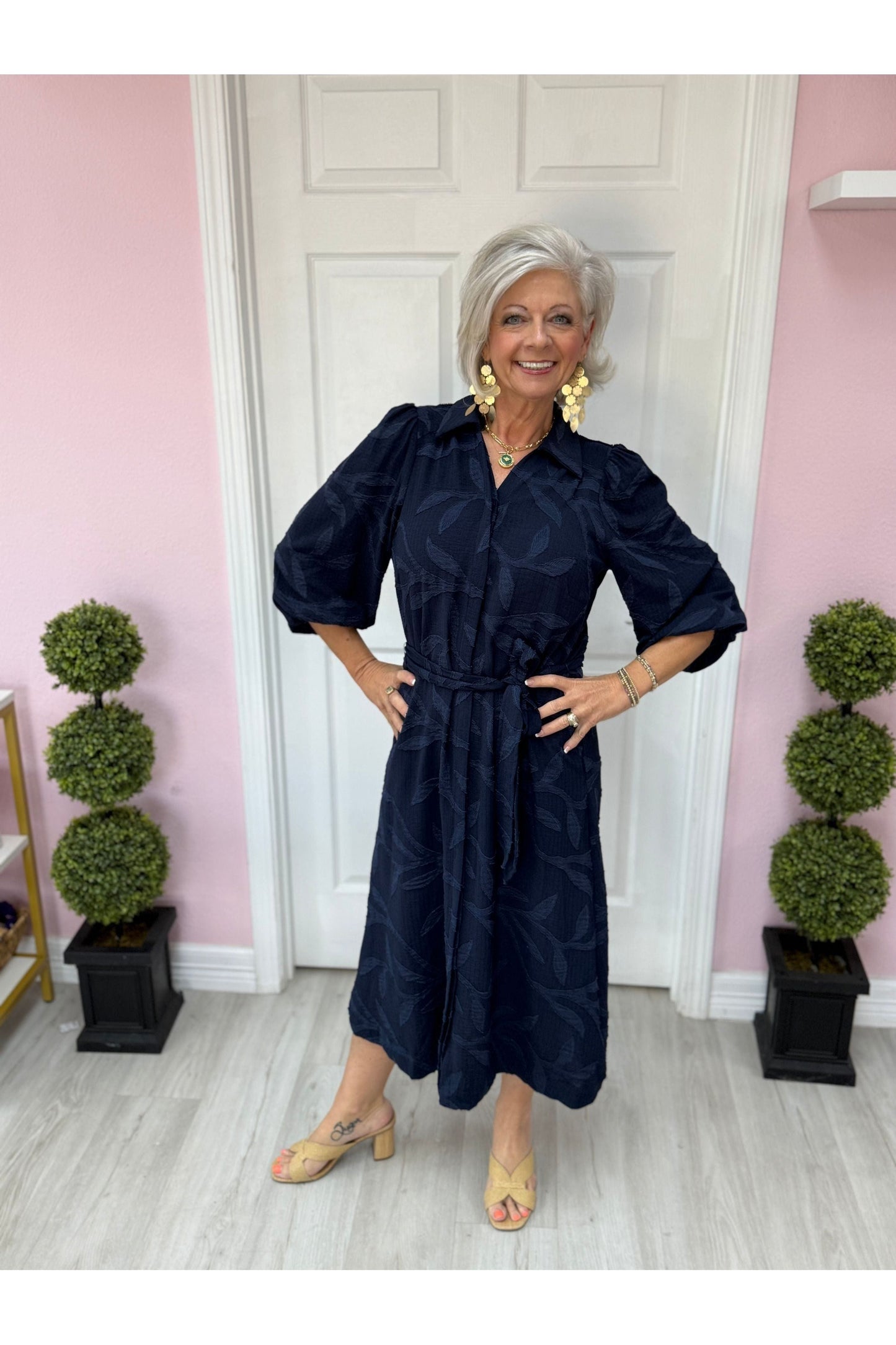 Textured Midi Dress w/Tie Waist