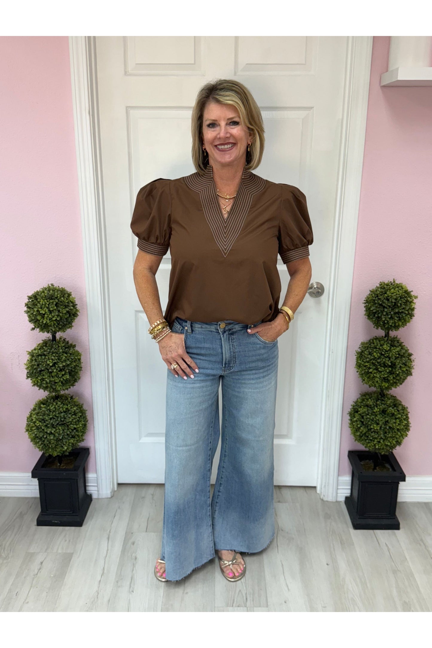 Erin Stitched Trim Vneck Blouse