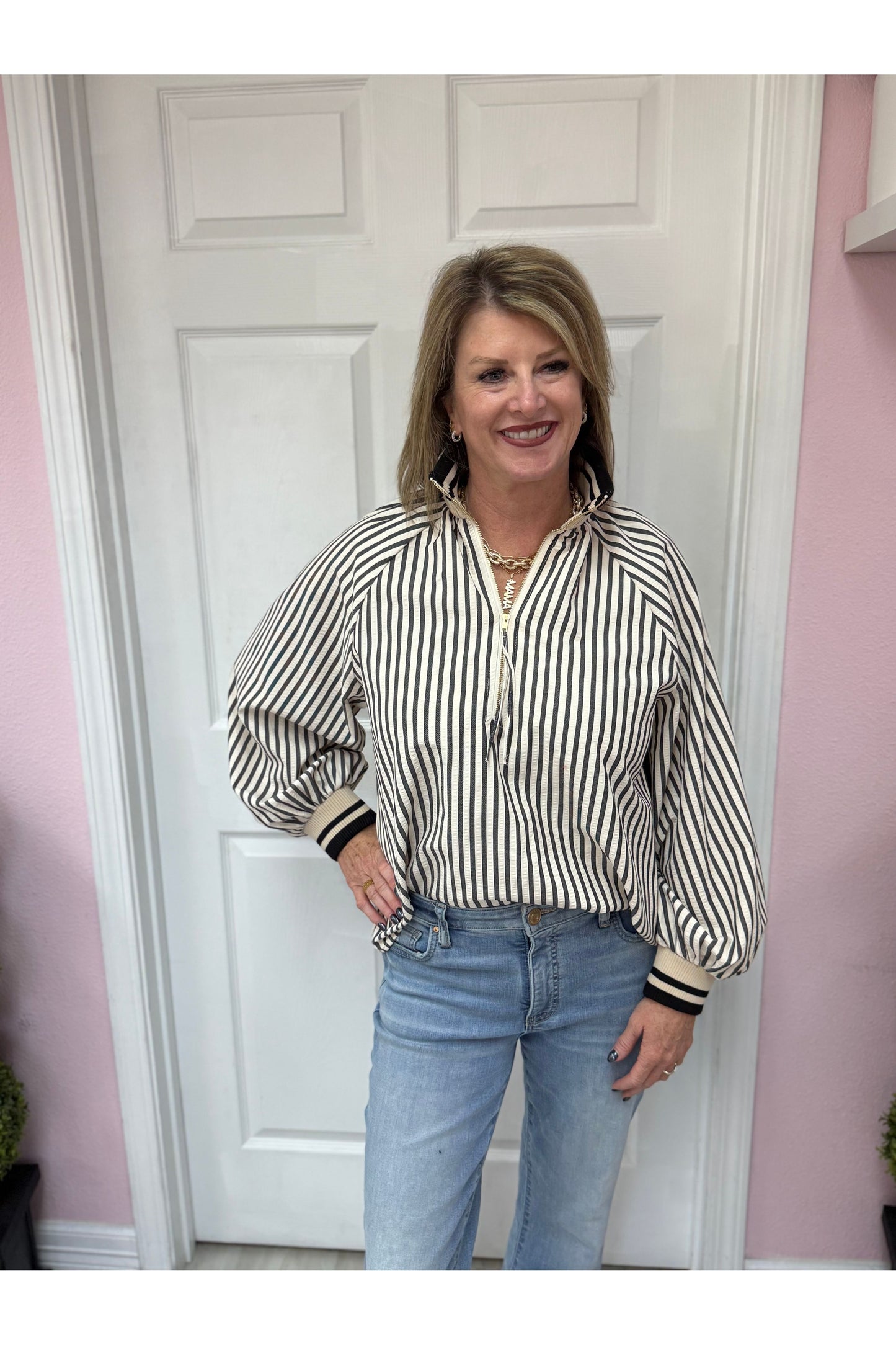 Striped Long Sleeve Top W/Ribbed Collar