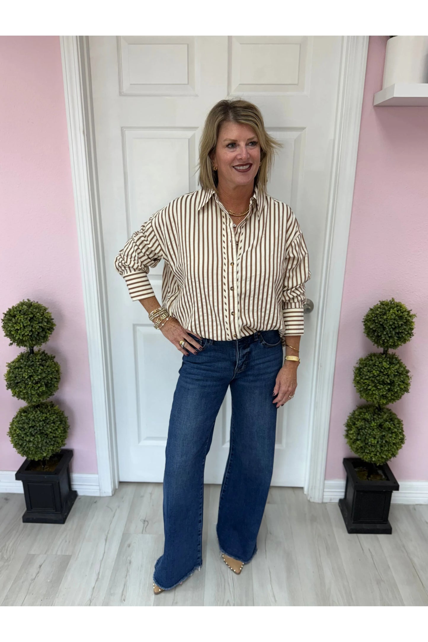 Coffee Striped Long Sleeve Top