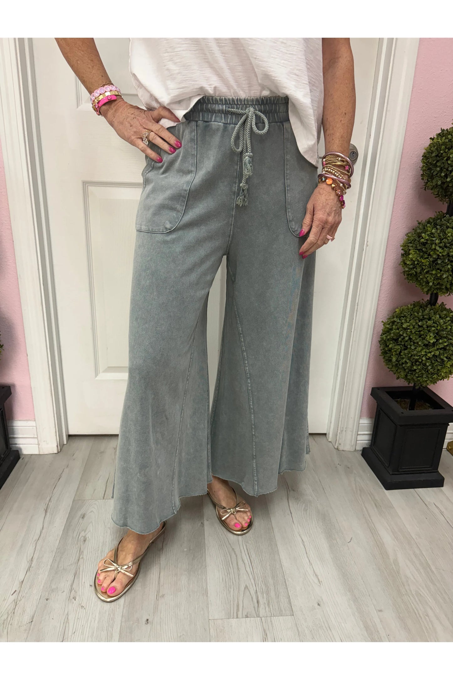 Washed Terry Knit Wide Leg Pants
