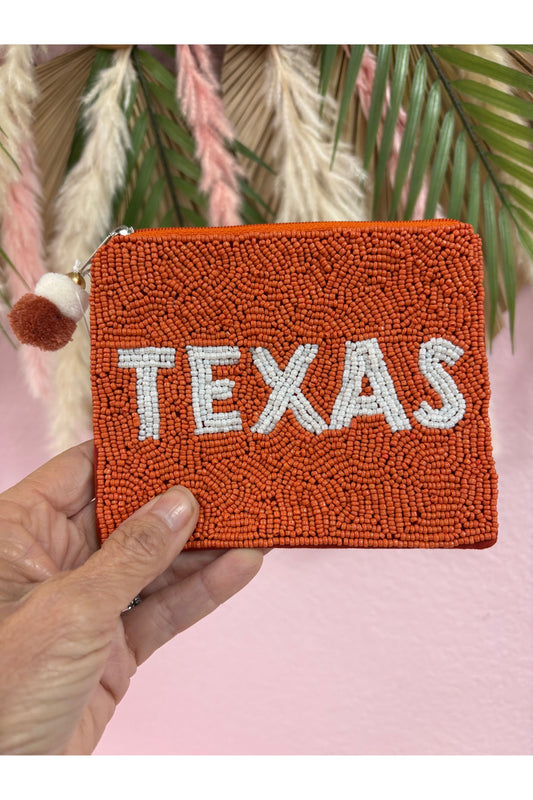 Texas White and Orange Background Beaded Coin Pouch