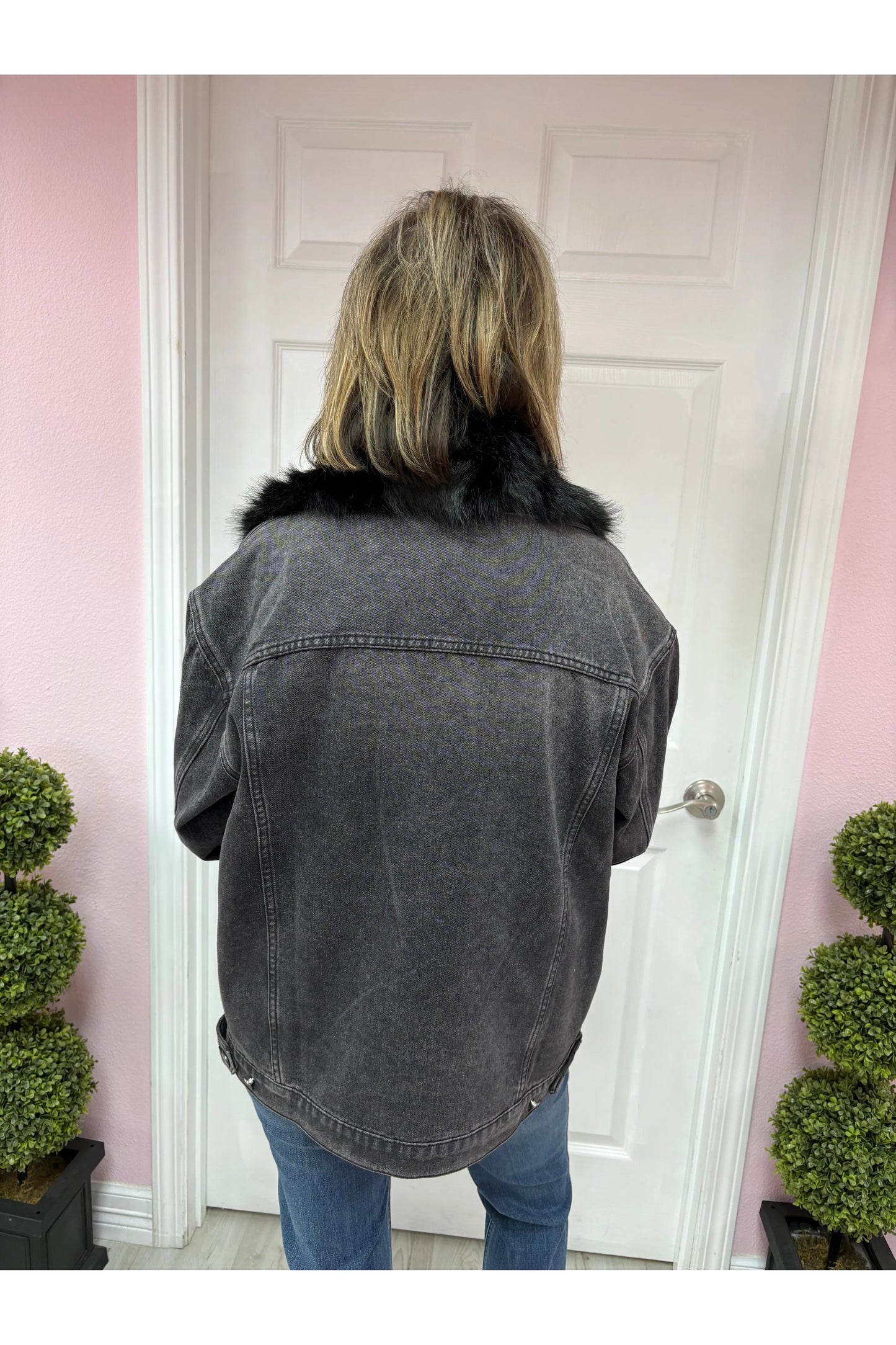 Fur Collared Cuff Over Sized Denim Jacket