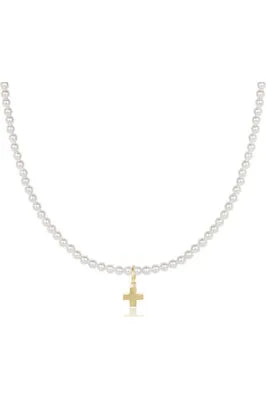 17" Choker Classic Pearl 3mm Bead Cross Gold Charm