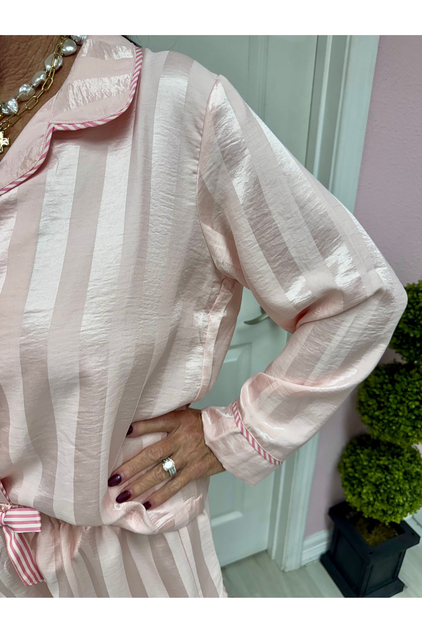 Pink Woven Pajama Set with Contrast Piping Detail