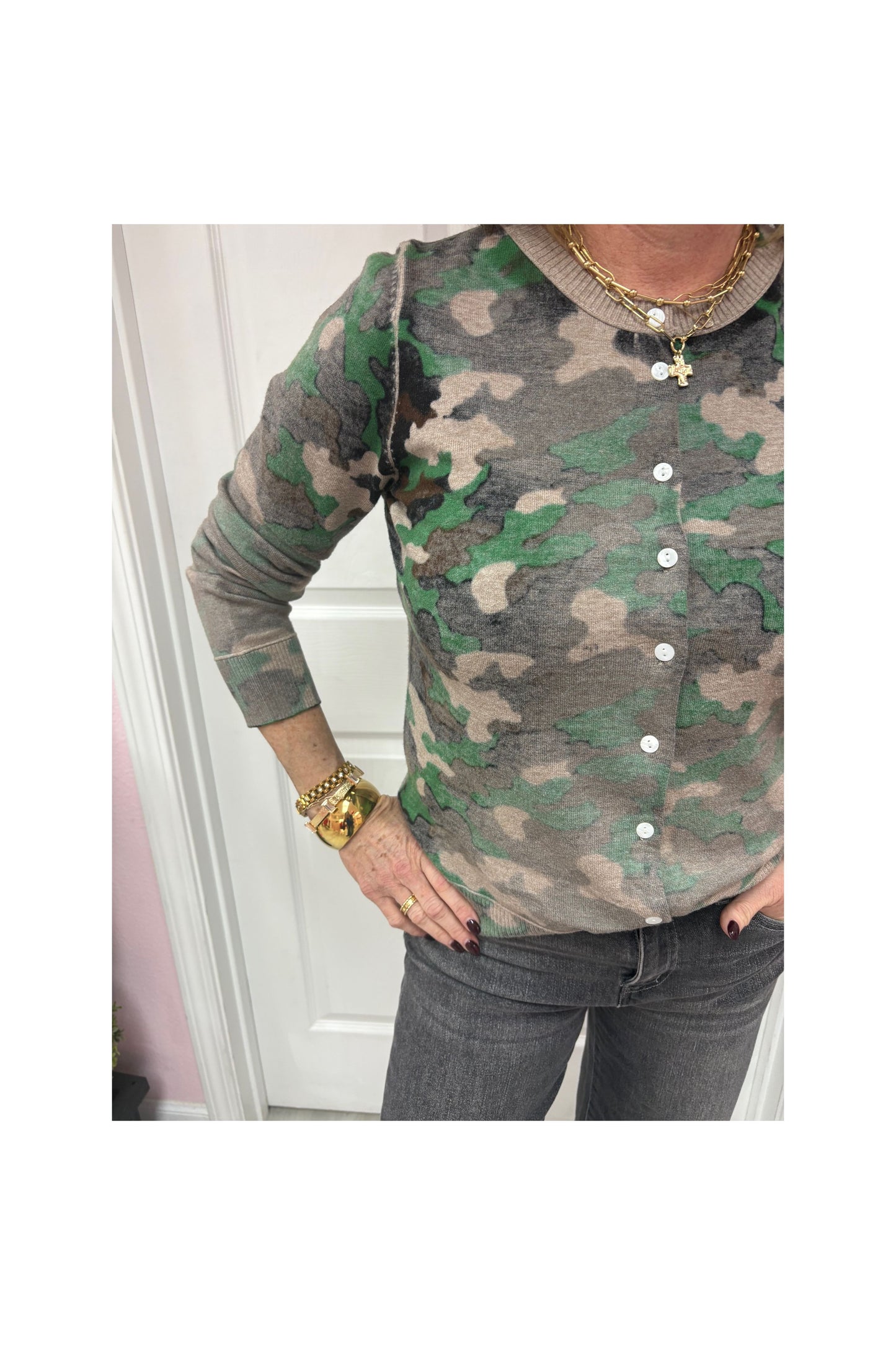 Camo Print Button Closure Cardi
