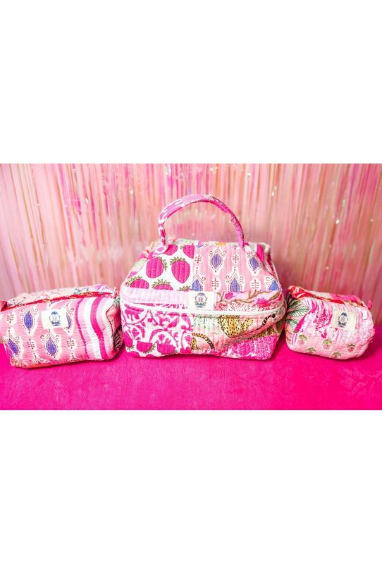 Pink Patterned Quilted Cosmetic Bags-Set of 3