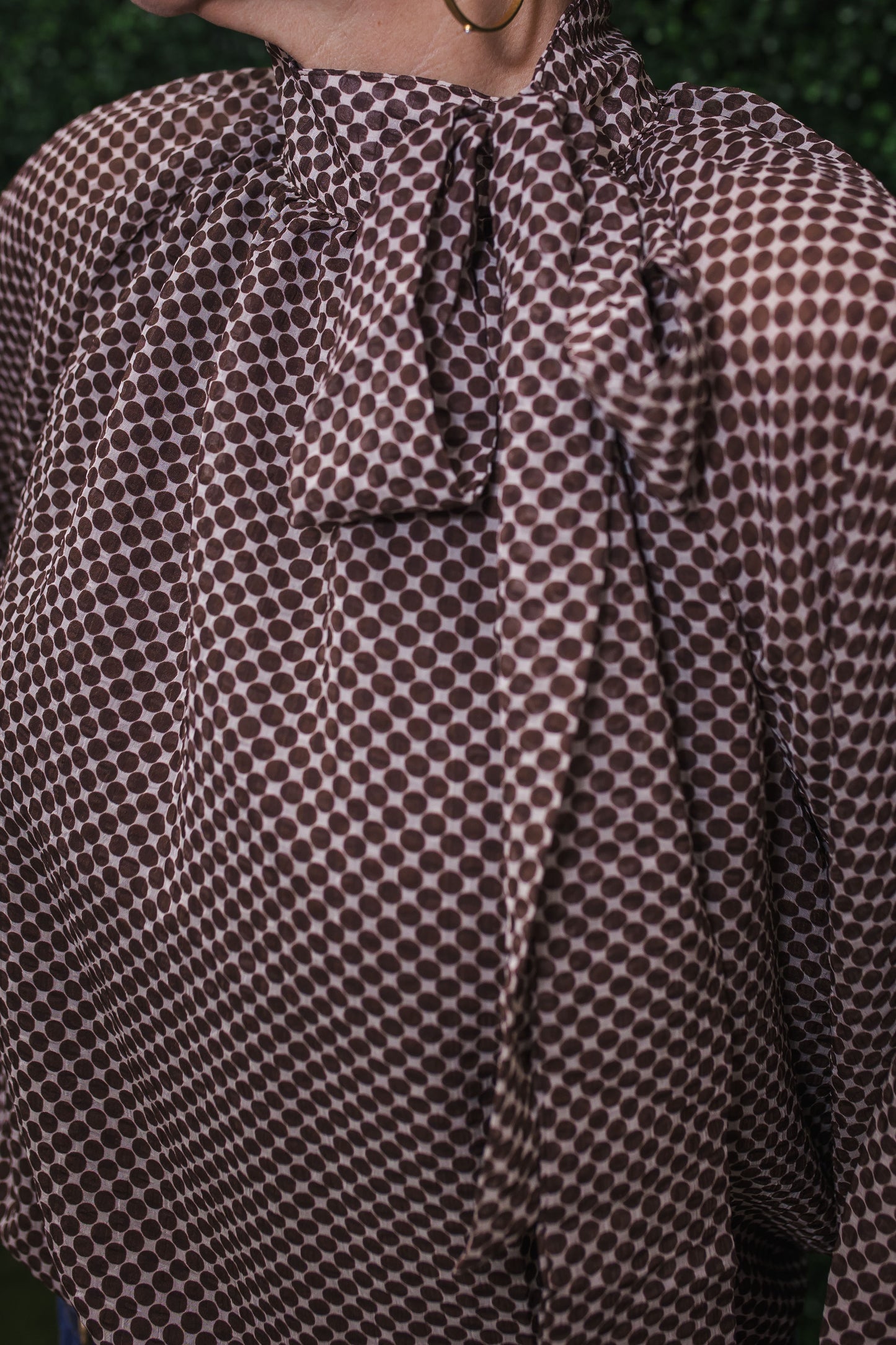 Dot Print Tie Neck Long Sleeve Blouse