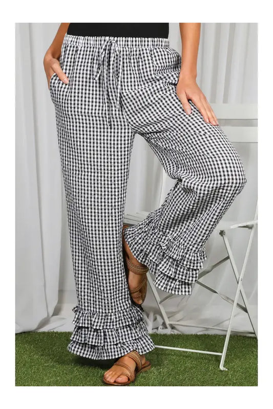 Gingham Layered Ruffle Hem Cropped Pants