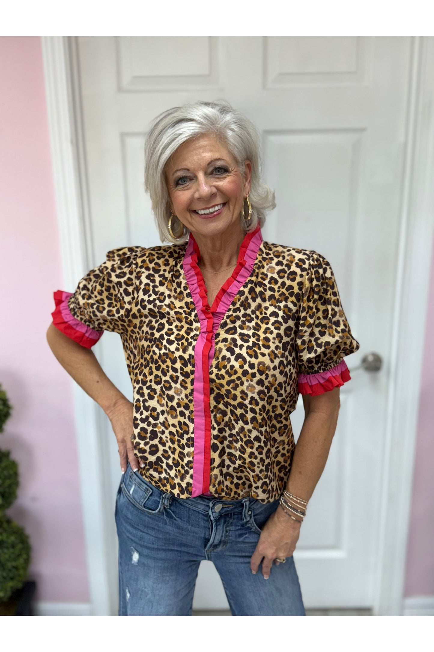 Leopard Blouse w/Red and Pink Accents