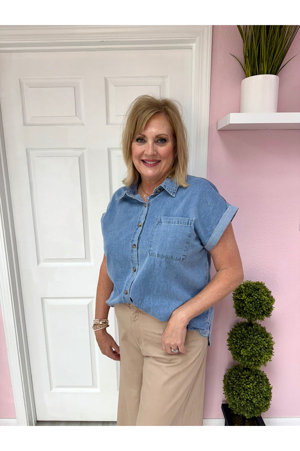 Denim Cuff Sleeve Button Up