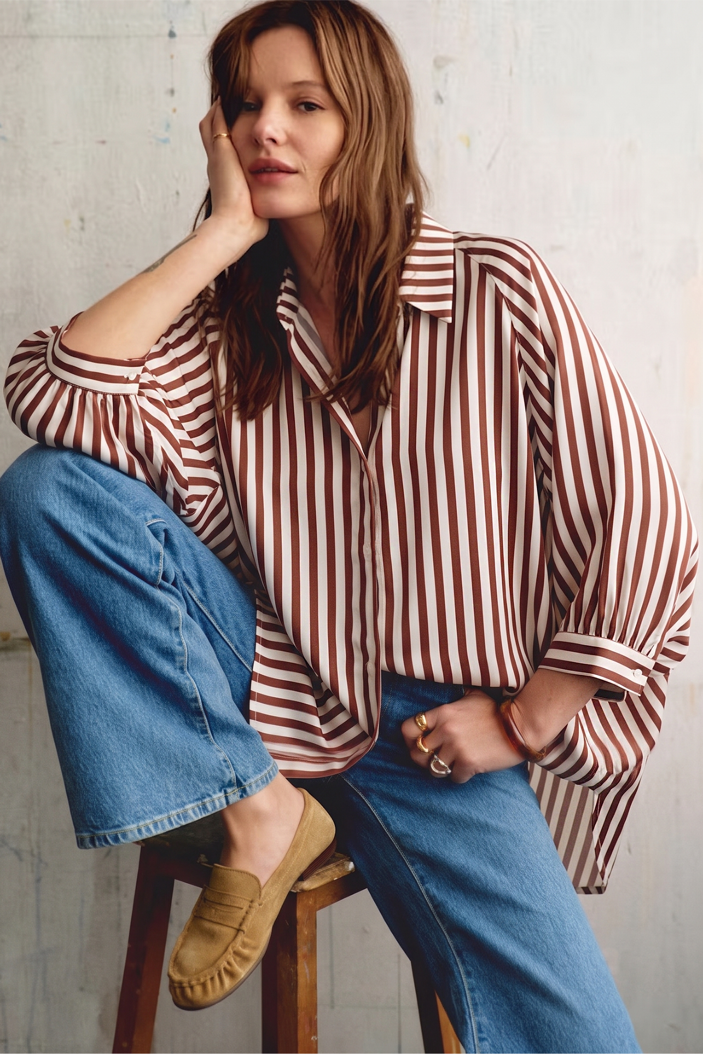 Stripe Wide Puff Sleeve Buttondown Shirt