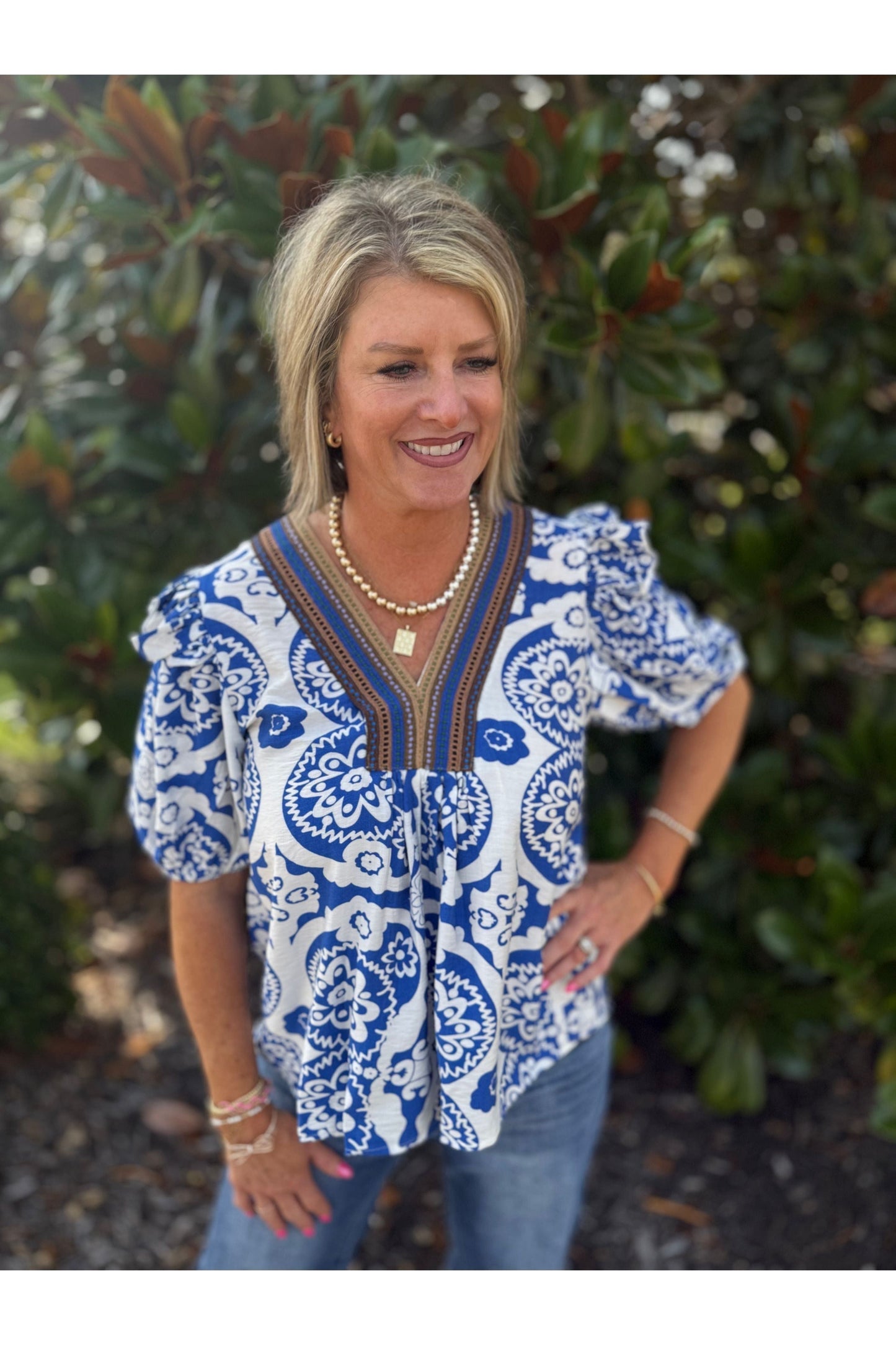 Melanie Royal Patterned Blouse w/Brown Trim