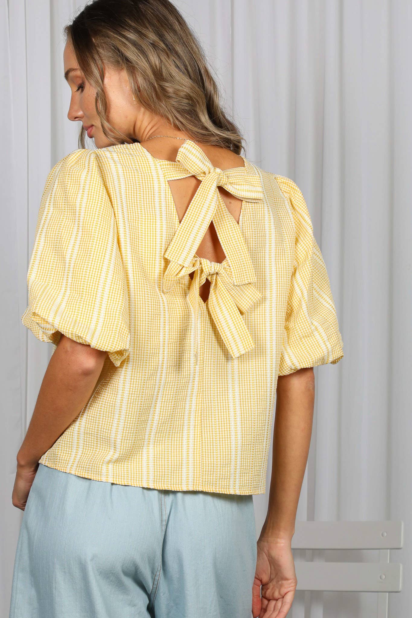 Bow Accent Feminine Plaid Blouse