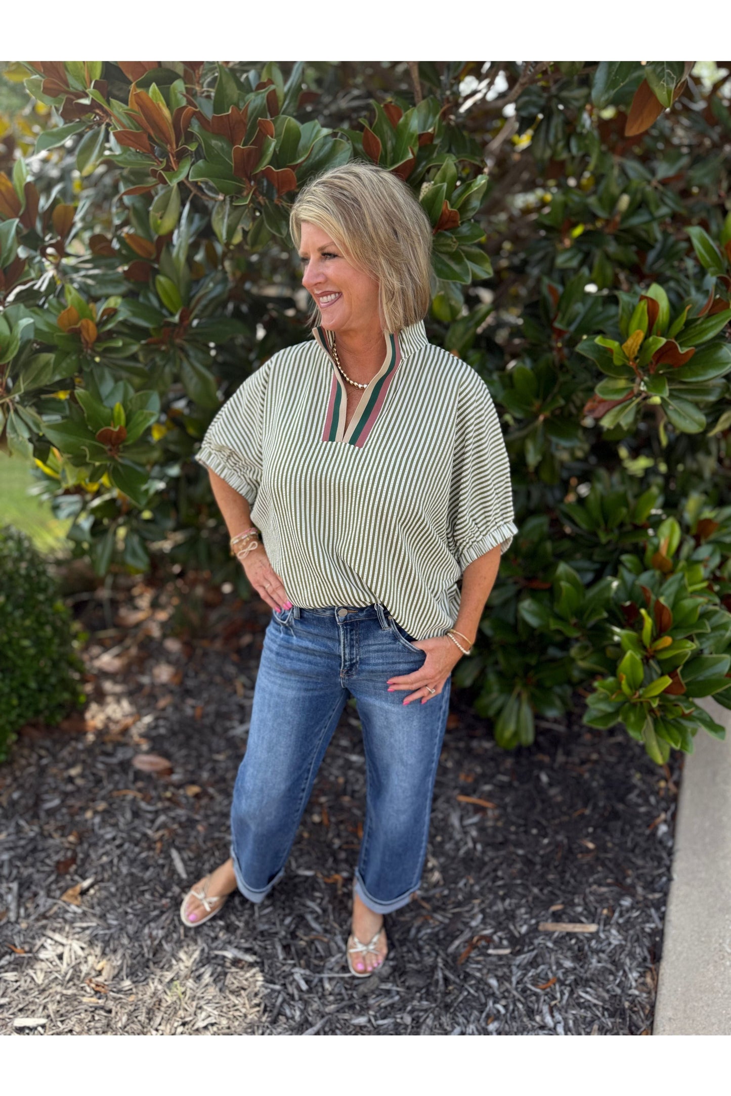 Olive Striped Blouse w/Contrasting Striped Accents